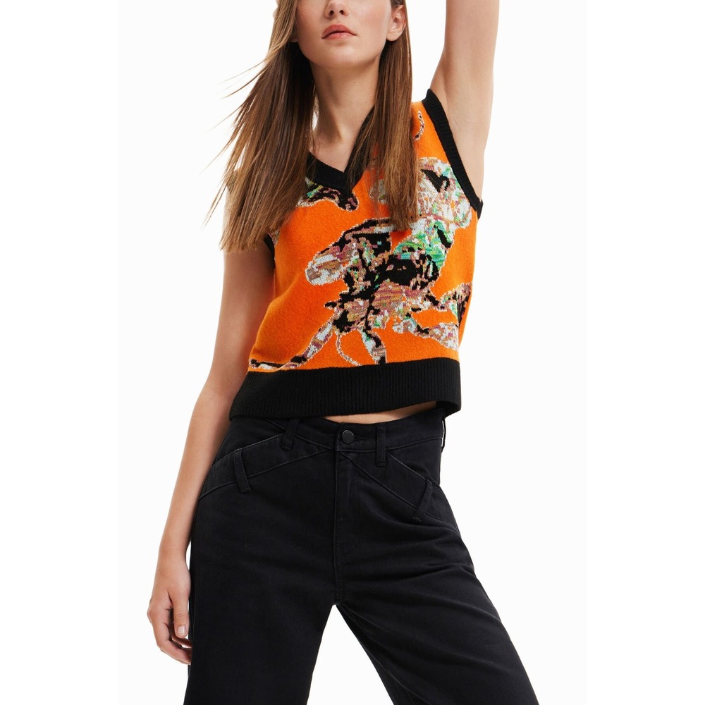 Desigual x Maitrepierre Orange Knit Mantis Gilet V-Neck Sweater Vest Multi Sz S